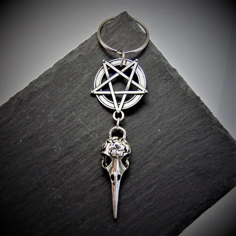 New Gothic Bird Skull Keychain β Crow Skull & Pentagram Design