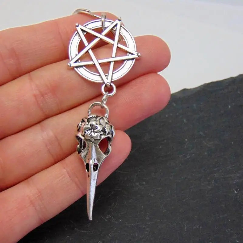 New Gothic Bird Skull Keychain β Crow Skull & Pentagram Design - Image 2